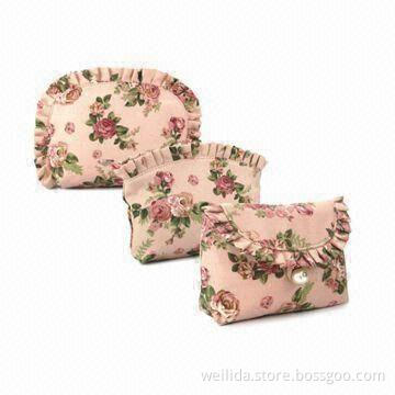 8oz Printed Cotton Canvas Cosmetic Bag with Zipper Closure and Pearl Ball Puller